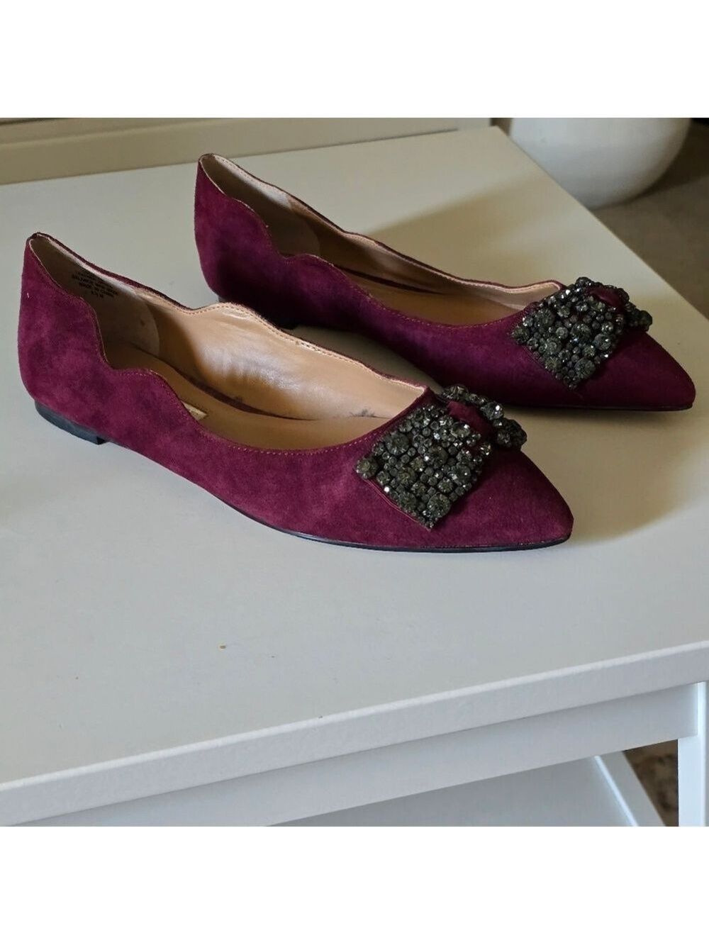 Audrey Brooke Elegant Burgundy Leather Suede Flats with Embellished Bow